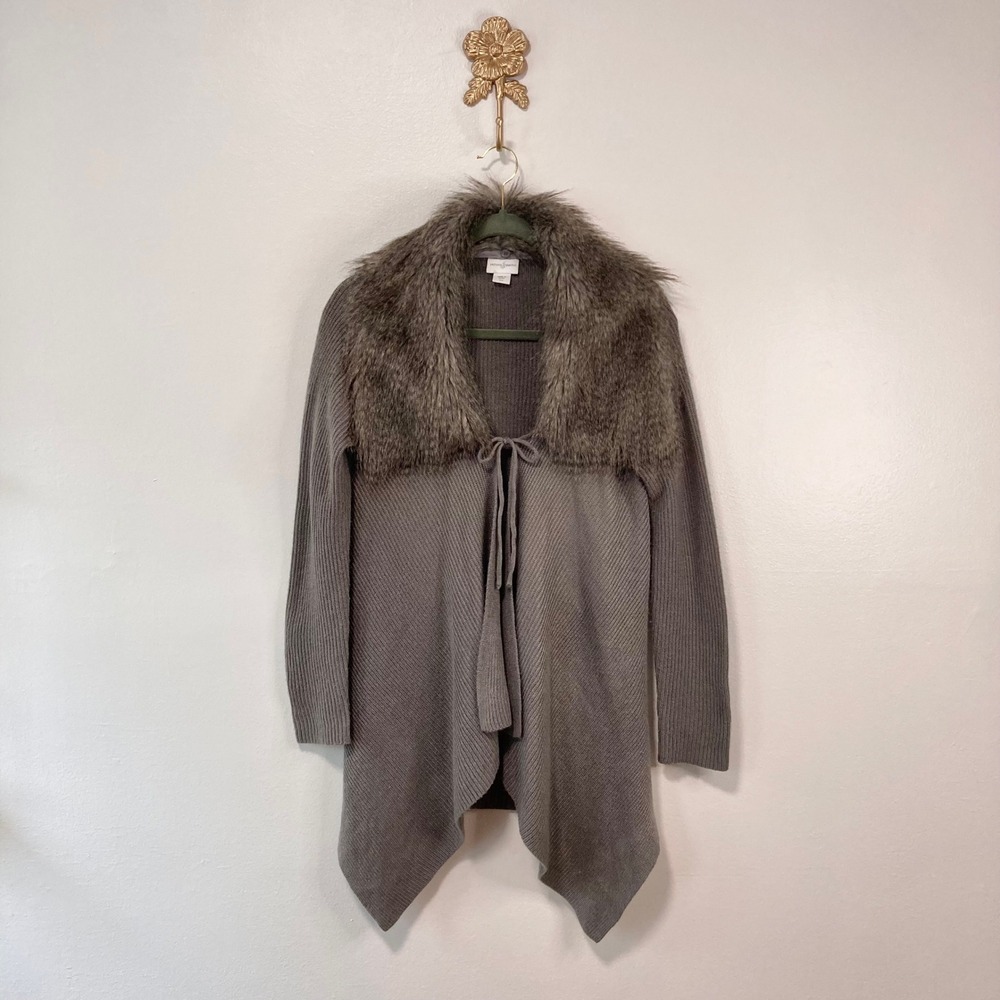 Faux Fur Collar Gray Tie Front Cardigan Jaclyn Smith S Ribbed Knit Boho Chic